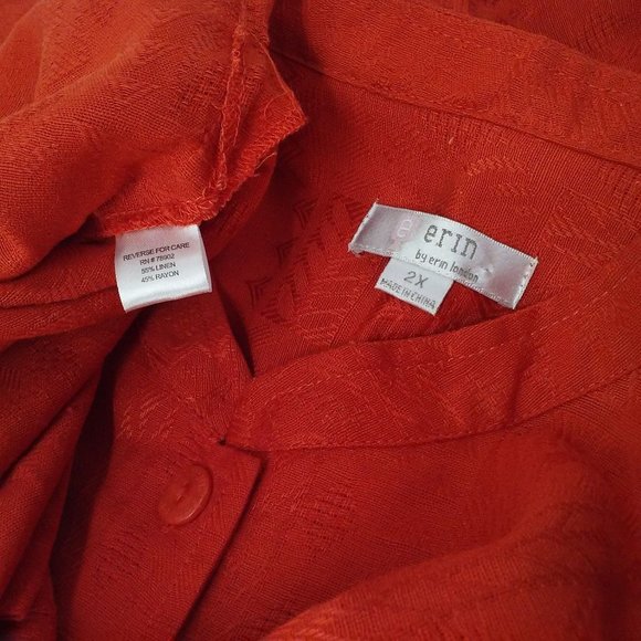 Erin London Top Linen Mandarin Shacket Tunic 2X Textured 3/4 Sleeves Orange - Picture 9 of 11